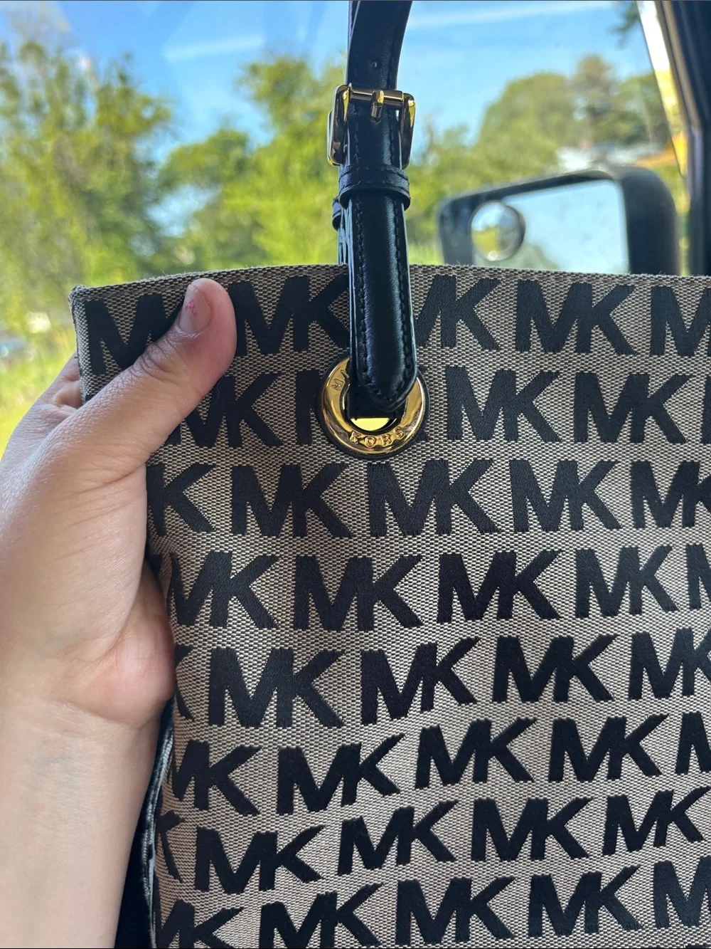 Michael Kors Black and Beige MK Logo Tote with Tassel Charm - Picture 5 of 13